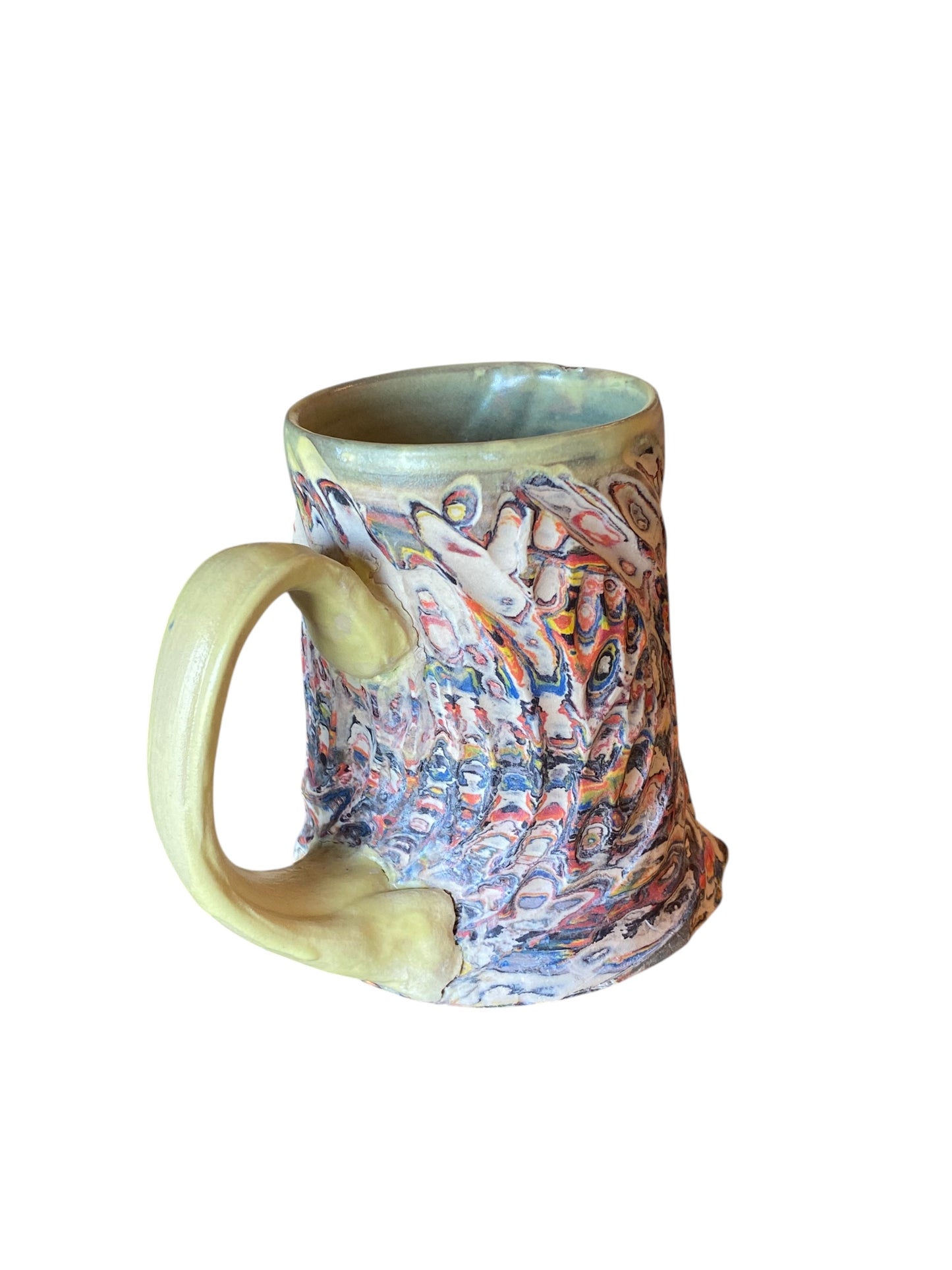 Fluted Porcelain Mug – Swirled Colored Clays with Japanese Neriage, Hand-Carved, Satin-Smooth Unglazed Pottery