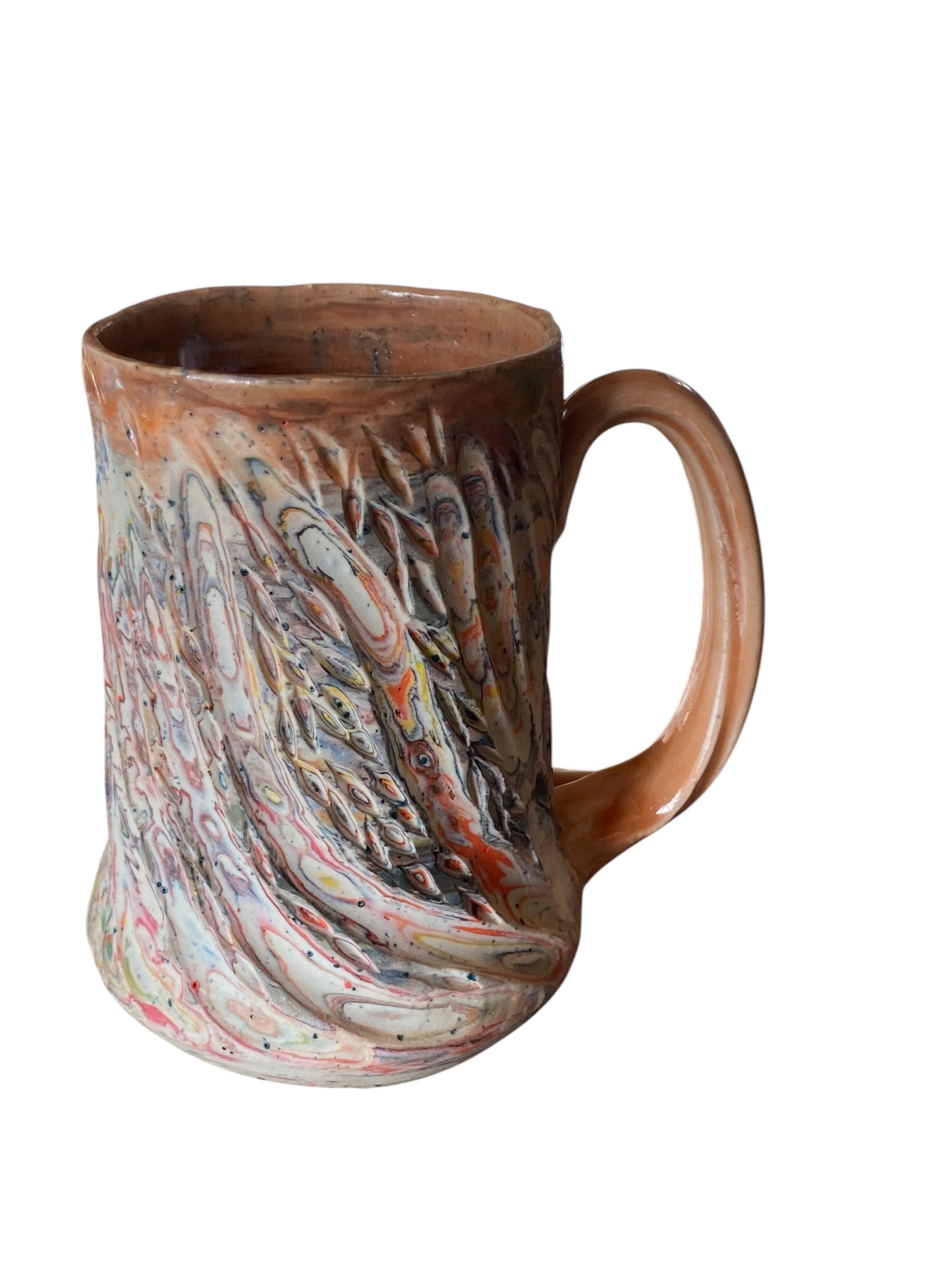 Fluted Porcelain Mug – Swirled Colored Clays with Japanese Neriage, Hand-Carved, Satin-Smooth Unglazed Pottery