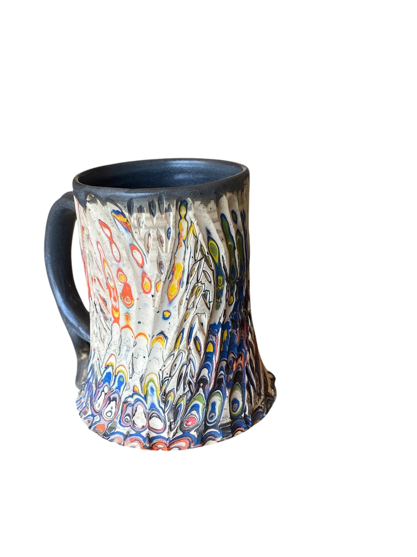 Fluted Porcelain Mug – Swirled Colored Clays with Japanese Neriage, Hand-Carved, Satin-Smooth Unglazed Pottery