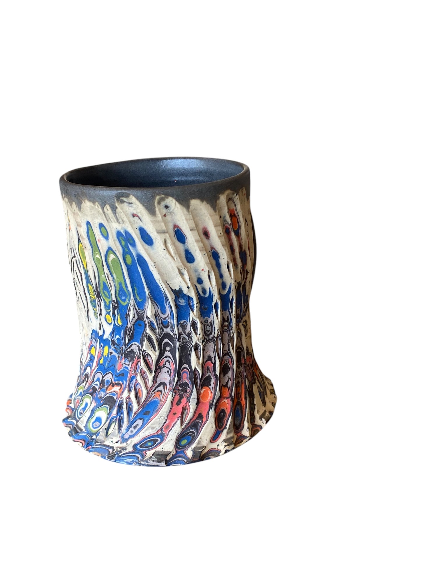 Fluted Porcelain Mug – Swirled Colored Clays with Japanese Neriage, Hand-Carved, Satin-Smooth Unglazed Pottery