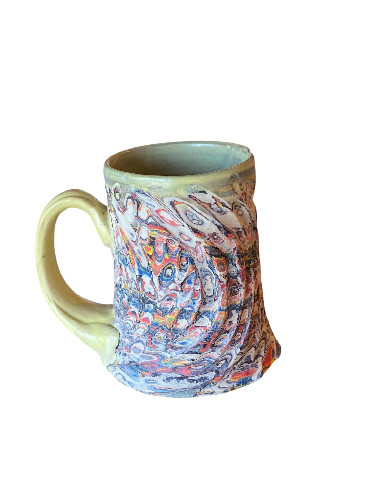 Fluted Porcelain Mug – Swirled Colored Clays with Japanese Neriage, Hand-Carved, Satin-Smooth Unglazed Pottery