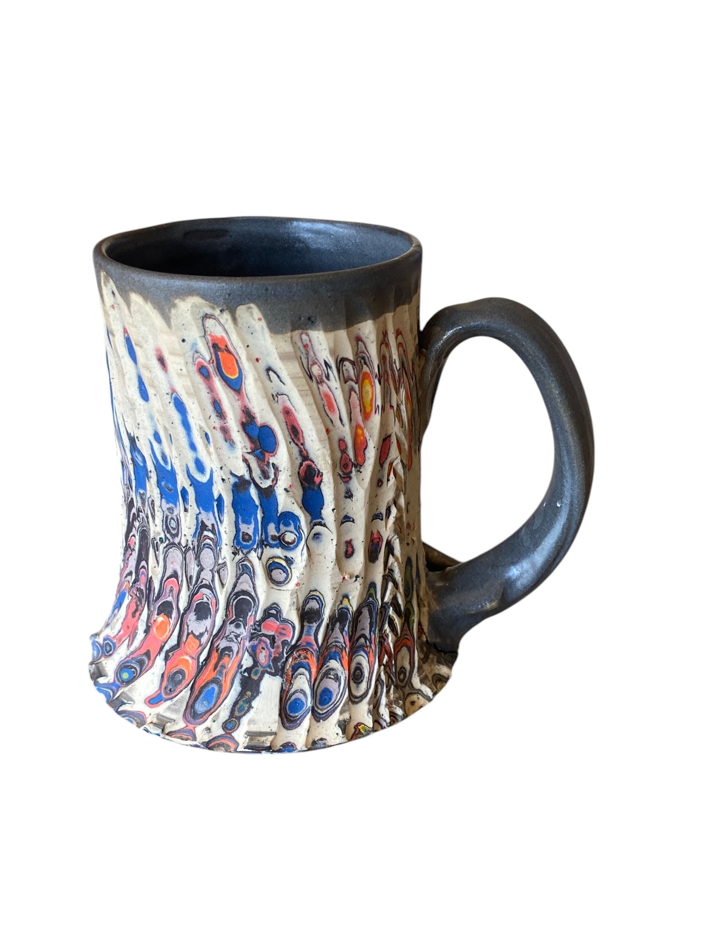 Fluted Porcelain Mug – Swirled Colored Clays with Japanese Neriage, Hand-Carved, Satin-Smooth Unglazed Pottery