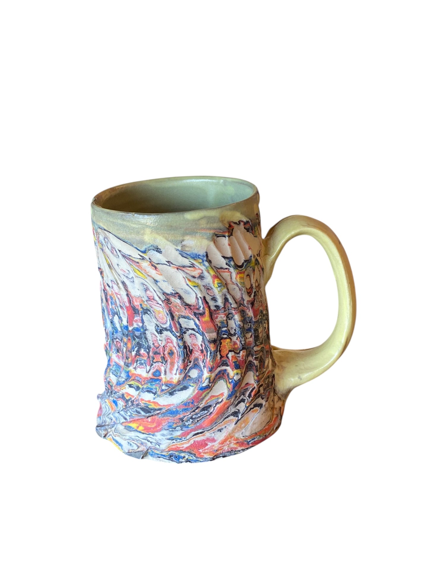 Fluted Porcelain Mug – Swirled Colored Clays with Japanese Neriage, Hand-Carved, Satin-Smooth Unglazed Pottery