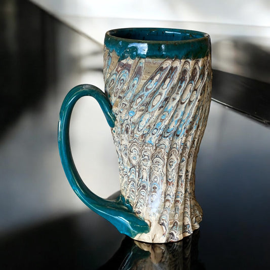 Fluted Porcelain Mug – Swirled Colored Clays with Japanese Neriage, Hand-Carved, Satin-Smooth Unglazed Pottery