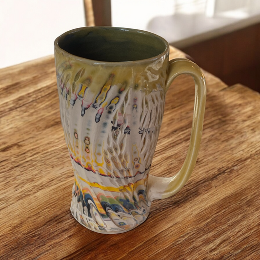 Fluted Porcelain Mug – Swirled Colored Clays with Japanese Neriage, Hand-Carved, Satin-Smooth Unglazed Pottery