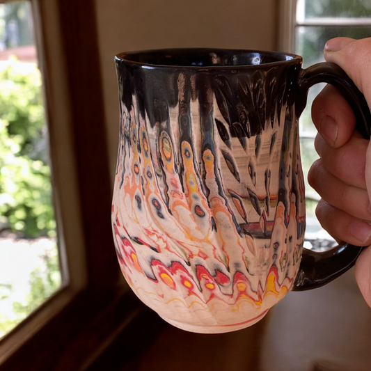 Fluted Porcelain Mug – Swirled Colored Clays with Japanese Neriage, Hand-Carved, Satin-Smooth Unglazed Pottery