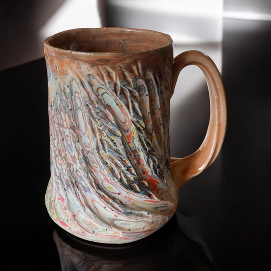 Fluted Porcelain Mug – Swirled Colored Clays with Japanese Neriage, Hand-Carved, Satin-Smooth Unglazed Pottery