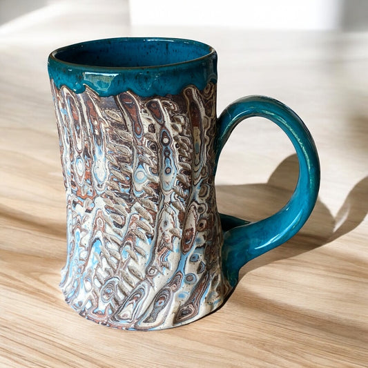 Fluted Porcelain Mug – Swirled Colored Clays with Japanese Neriage, Hand-Carved, Satin-Smooth Unglazed Pottery