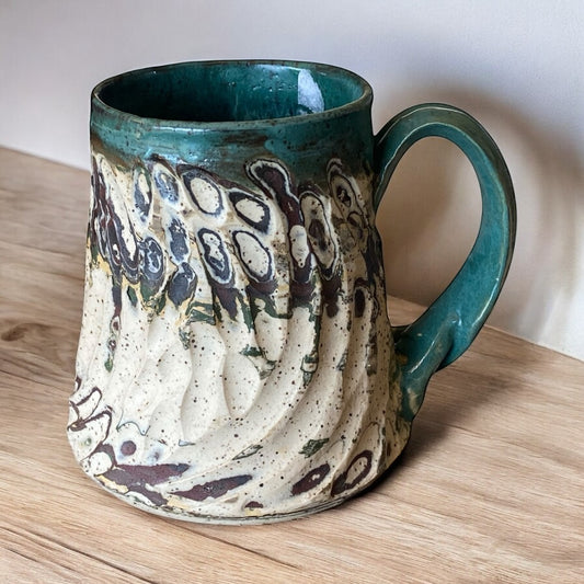 Fluted Porcelain Mug – Swirled Colored Clays with Japanese Neriage, Hand-Carved, Satin-Smooth Unglazed Pottery