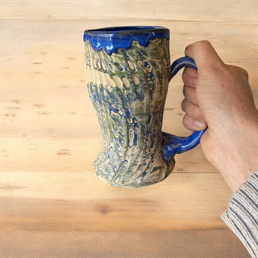 Fluted Porcelain Mug – Swirled Colored Clays with Japanese Neriage, Hand-Carved, Satin-Smooth Unglazed Pottery