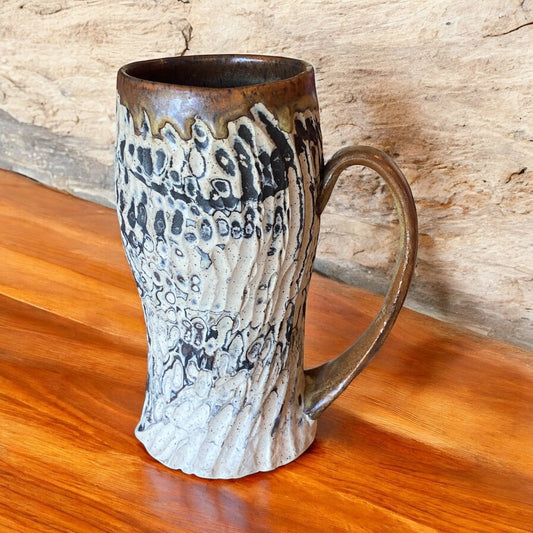 Fluted Porcelain Mug – Swirled Colored Clays with Japanese Neriage, Hand-Carved, Satin-Smooth Unglazed Pottery
