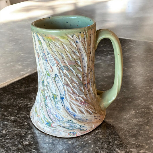 Fluted Porcelain Mug – Swirled Colored Clays with Japanese Neriage, Hand-Carved, Satin-Smooth Unglazed Pottery
