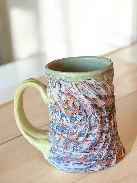Fluted Porcelain Mug – Swirled Colored Clays with Japanese Neriage, Hand-Carved, Satin-Smooth Unglazed Pottery