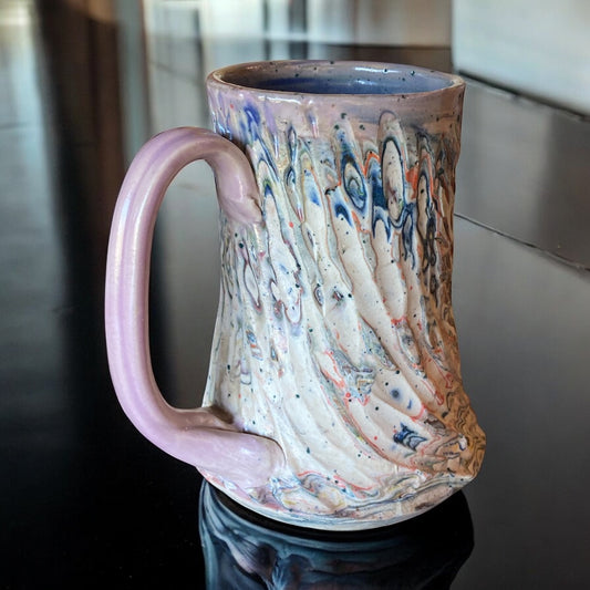 Fluted Porcelain Mug – Swirled Colored Clays with Japanese Neriage, Hand-Carved, Satin-Smooth Unglazed Pottery