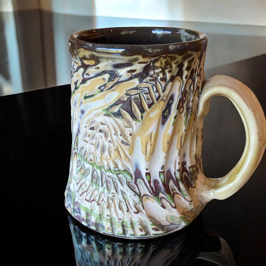 Fluted Porcelain Mug – Swirled Colored Clays with Japanese Neriage, Hand-Carved, Satin-Smooth Unglazed Pottery