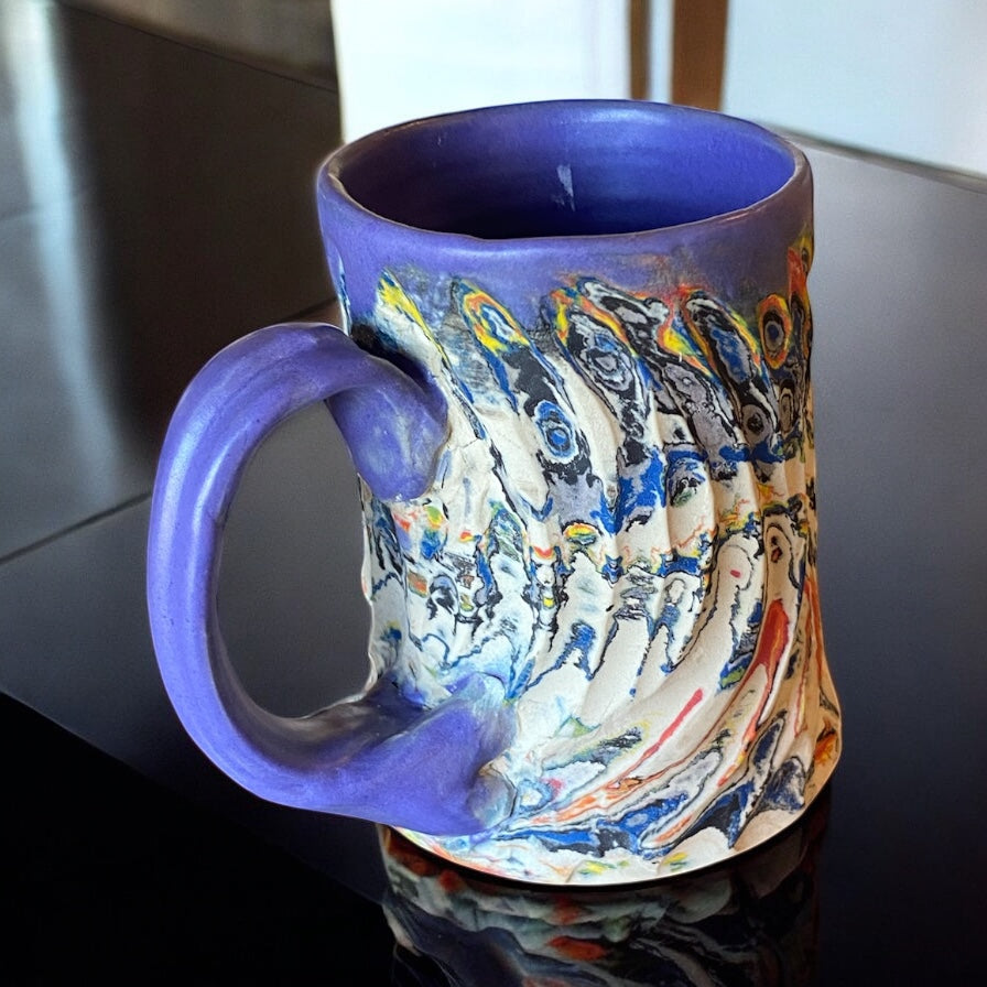Fluted Porcelain Mug – Swirled Colored Clays with Japanese Neriage, Hand-Carved, Satin-Smooth Unglazed Pottery