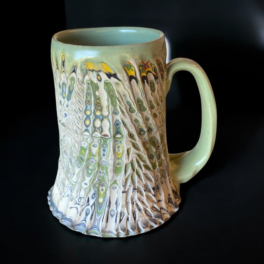 Fluted Porcelain Mug – Swirled Colored Clays with Japanese Neriage, Hand-Carved, Satin-Smooth Unglazed Pottery