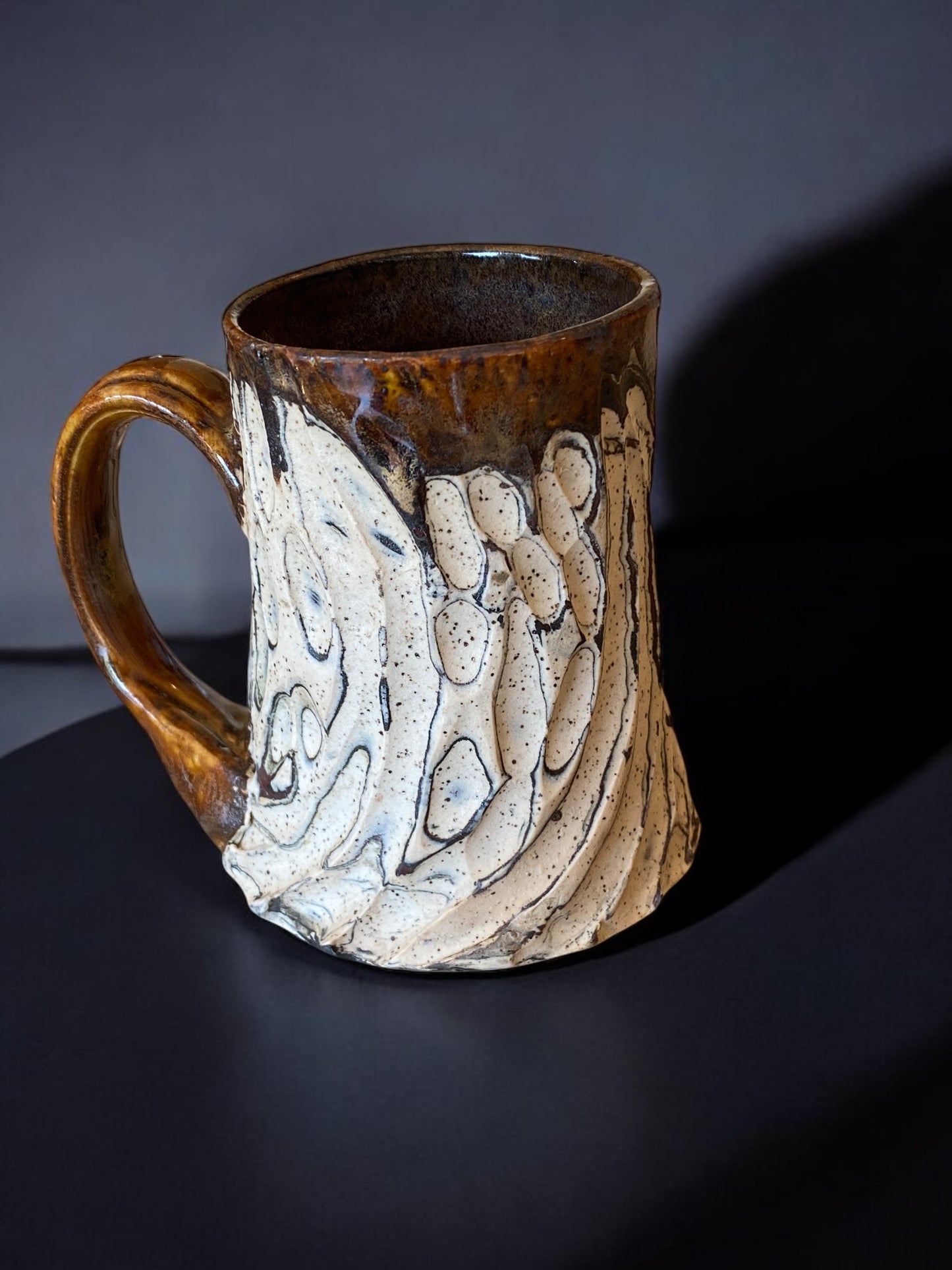 Fluted Porcelain Mug – Swirled Colored Clays with Japanese Neriage, Hand-Carved, Satin-Smooth Unglazed Pottery