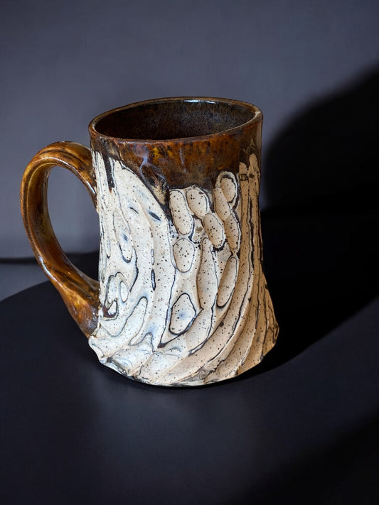 Fluted Porcelain Mug – Swirled Colored Clays with Japanese Neriage, Hand-Carved, Satin-Smooth Unglazed Pottery