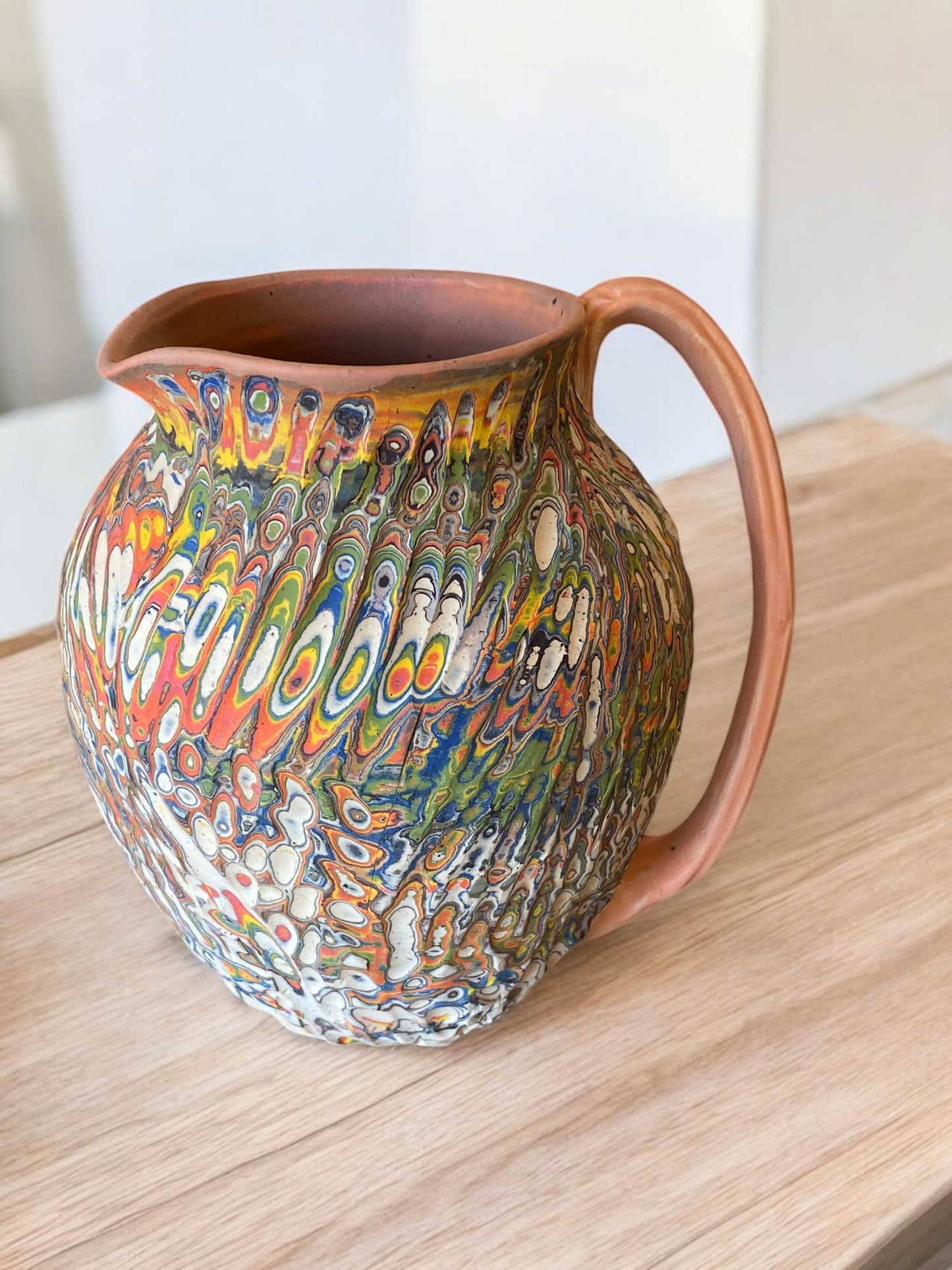 Handmade Neriage Ceramic Pitcher – Large Colored Porcelain Jug with Carved Swirl Pattern – Artisan Pottery Vase or Drinkware