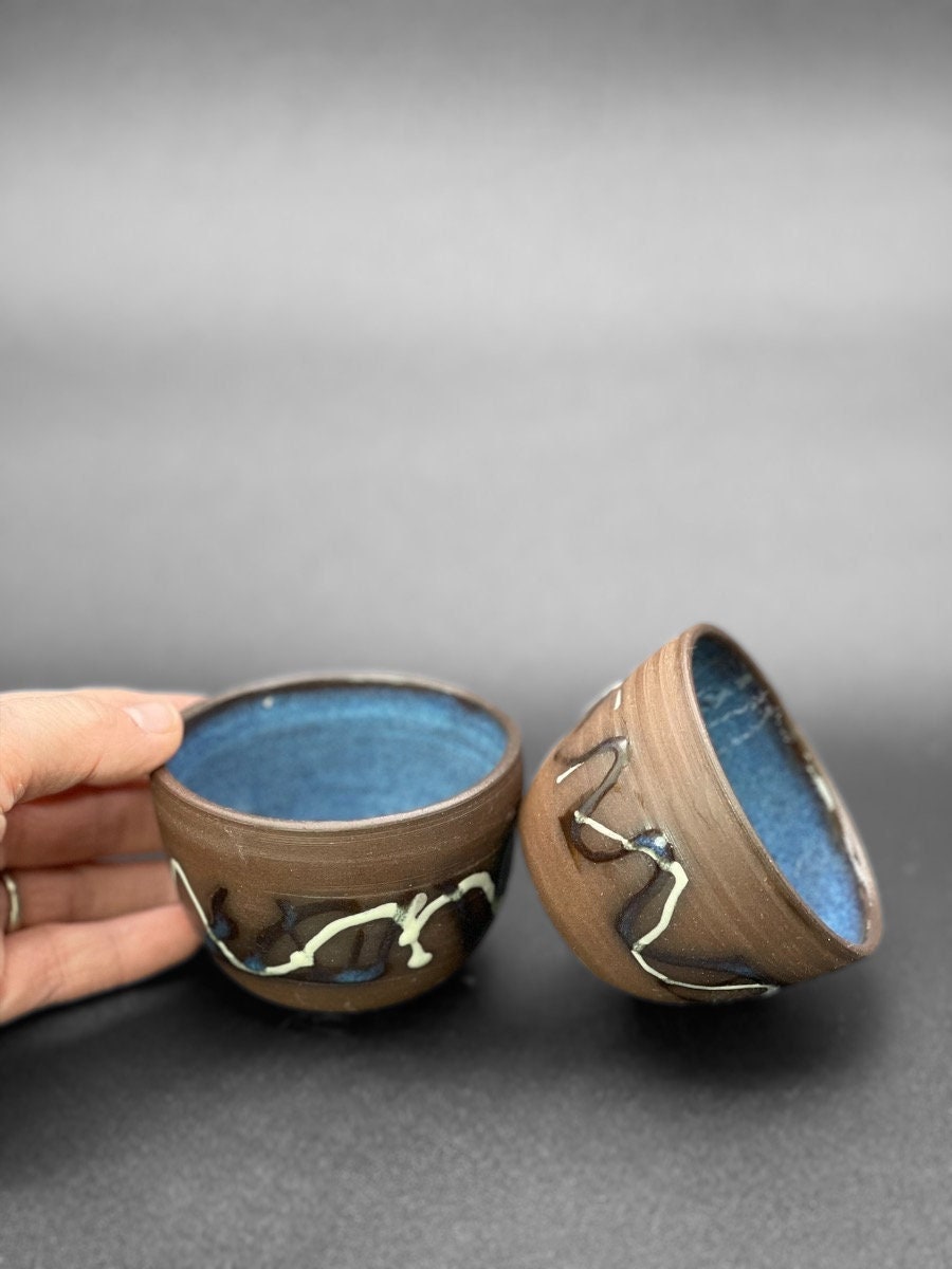 Set of Prep Bowls- Small Bowls Blue Interior - Small Pottery Bowl s- Handmade Contemporary Bowls - Stoneware Bowls