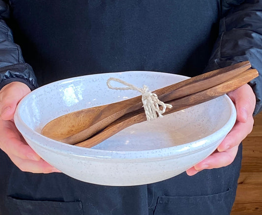 Contemporary White Stoneware Salad or Pasta Bowl with Handmade Olive Wood Serving Set
