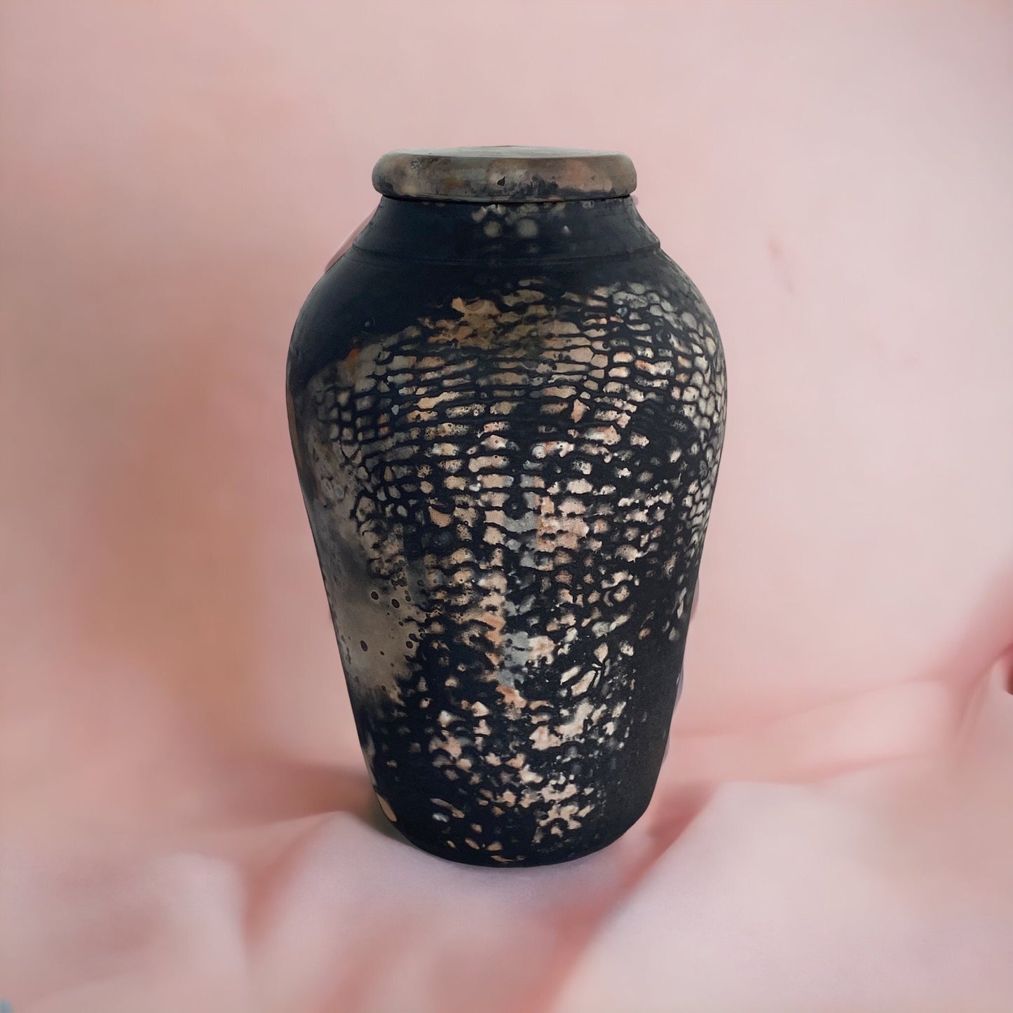 Large Hand Thrown Pit Fired Covered Jar or Urn