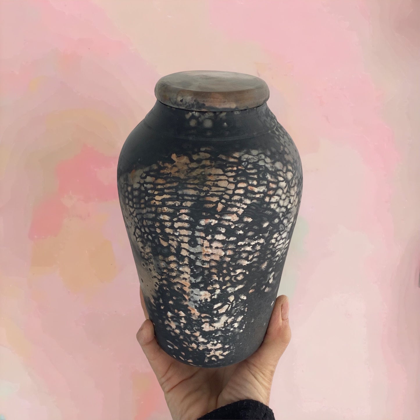 Large Hand Thrown Pit Fired Covered Jar or Urn