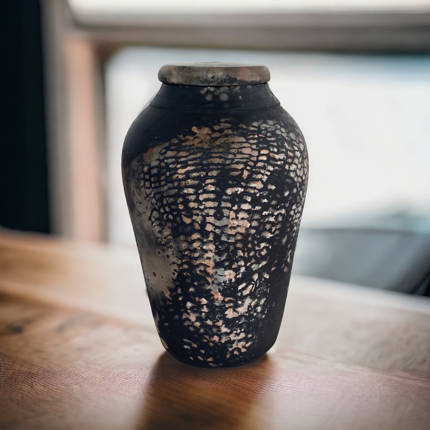 Large Hand Thrown Pit Fired Covered Jar or Urn