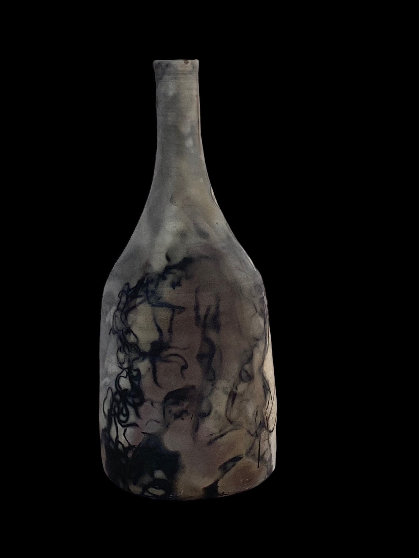 Large Hand Thrown Pit Fired Covered Bottle