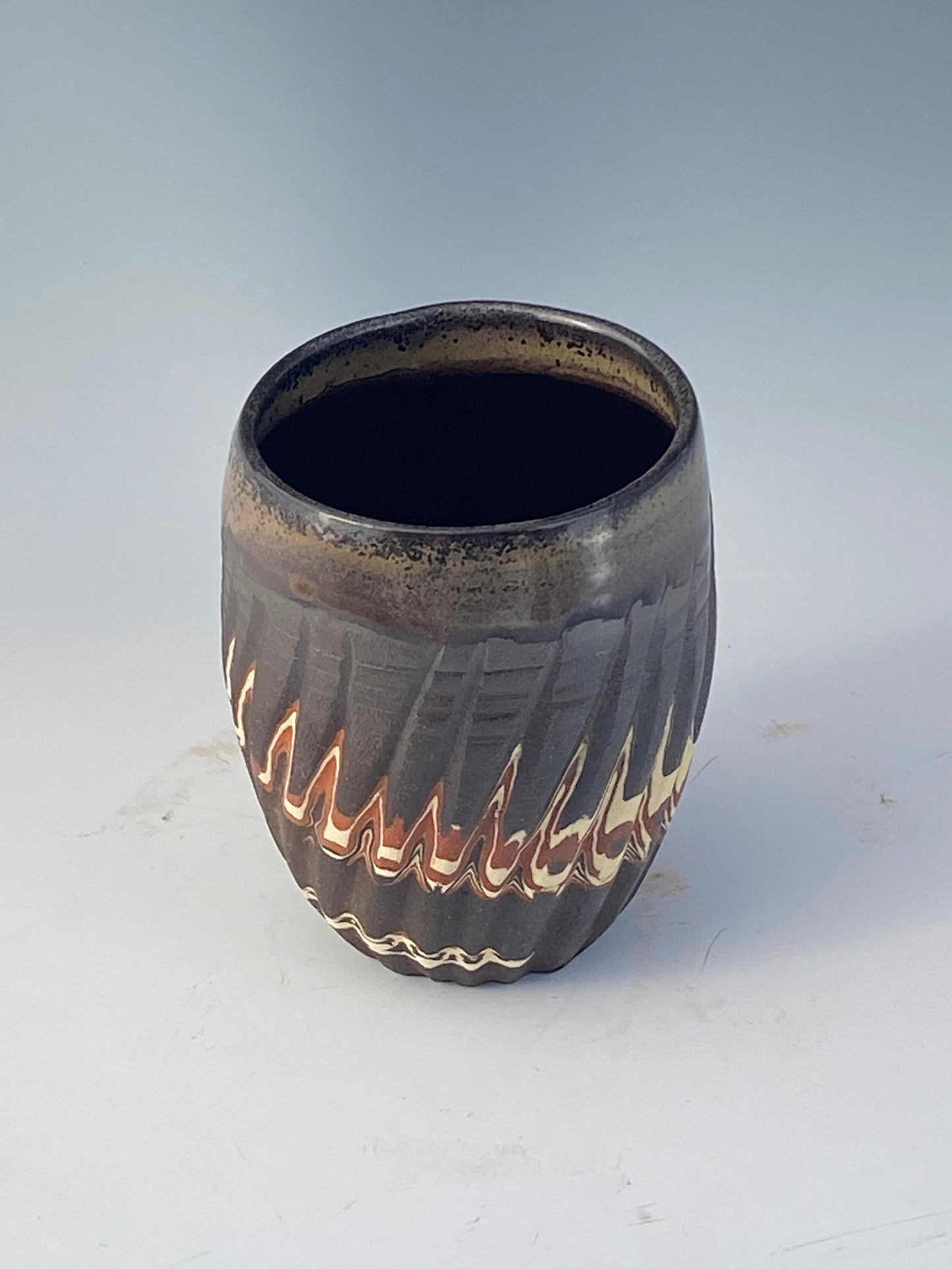 Handcrafted Stemless Agateware Wine Glass - 12oz Carved Ceramic Marbled Nerikomi Pottery Barware