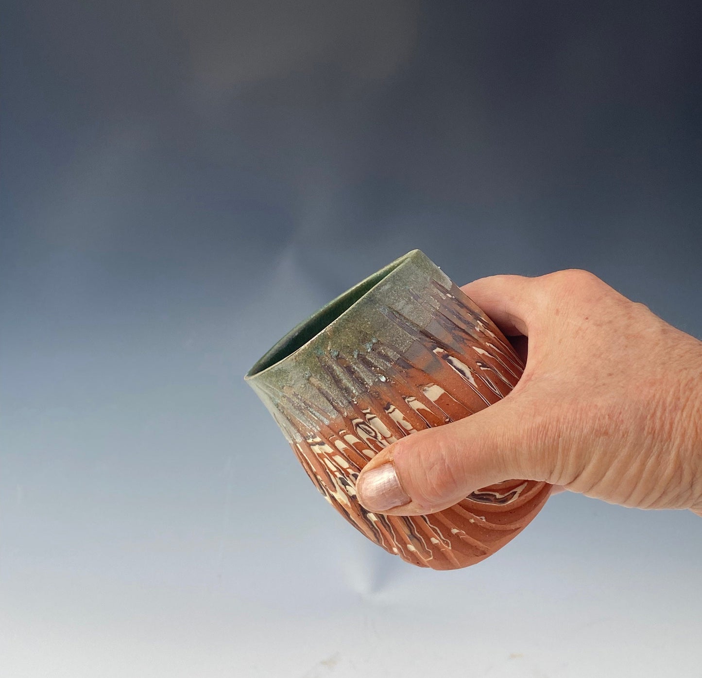 Stemless 8 Ounce Carved Agateware Wine Glass With Thumb hold