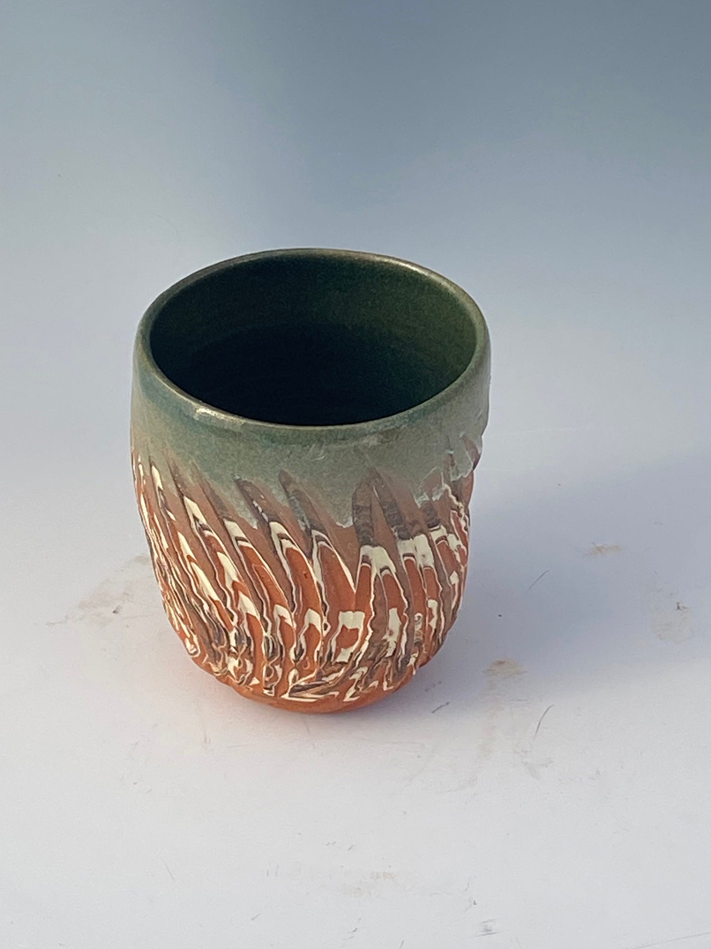 Stemless 8 Ounce Carved Agateware Wine Glass With Thumb hold