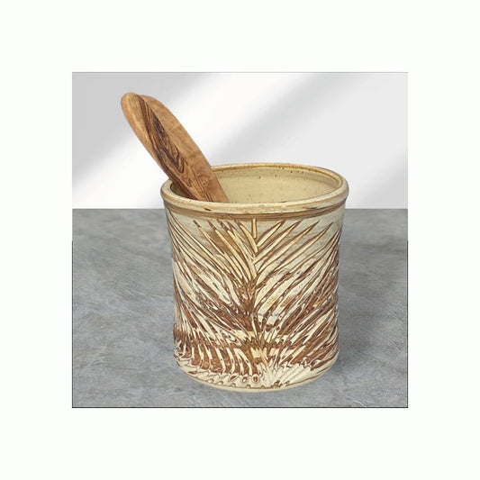 Modern Agateware Ceramic Utensil Holder: Large Fluted Kitchen Storage Crock for Cooking Tools