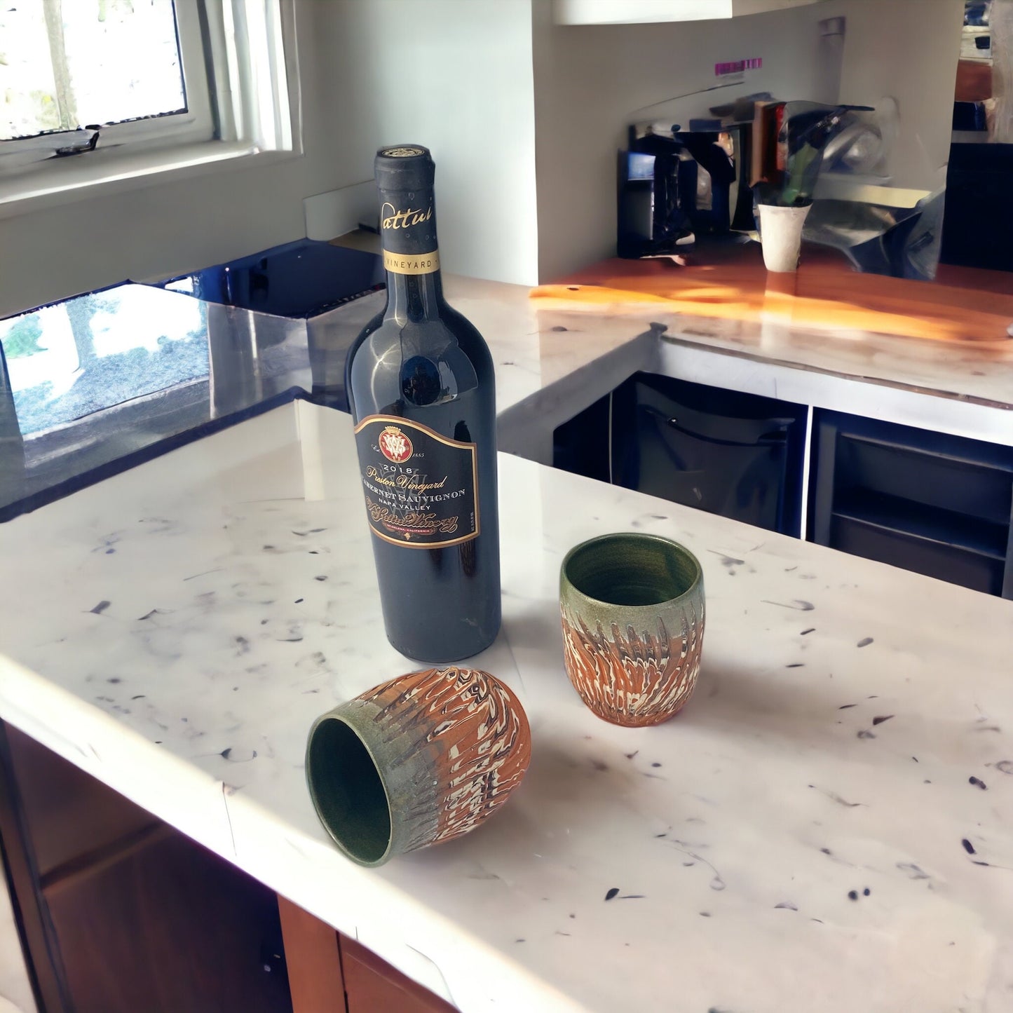 Stemless 8 Ounce Carved Agateware Wine Glass With Thumb hold