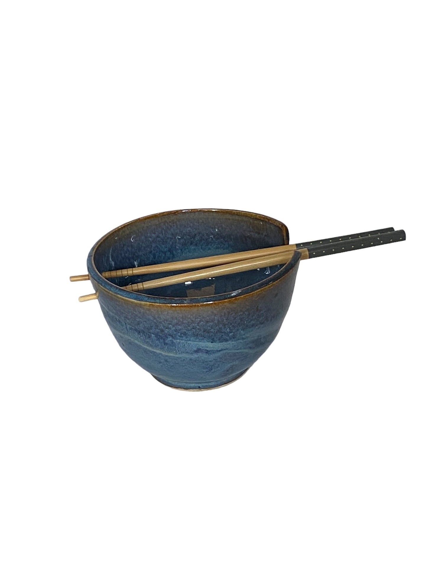Petite Blue Ramen Bowl Set with Matching Chopsticks - Handmade Pottery Stoneware for Noodles & Soup