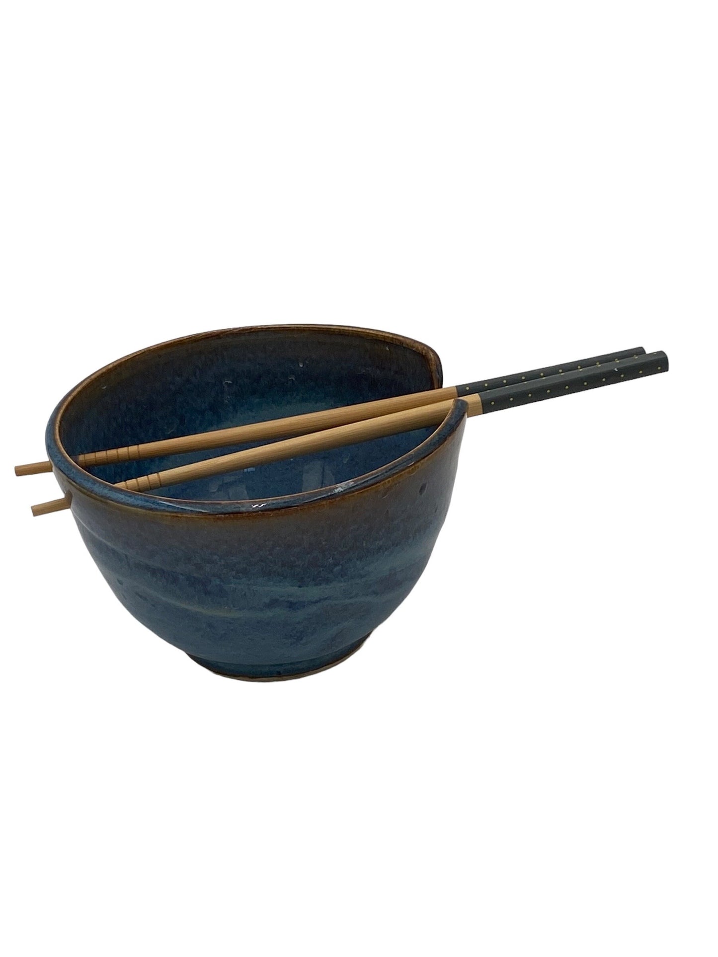 Petite Blue Ramen Bowl Set with Matching Chopsticks - Handmade Pottery Stoneware for Noodles & Soup