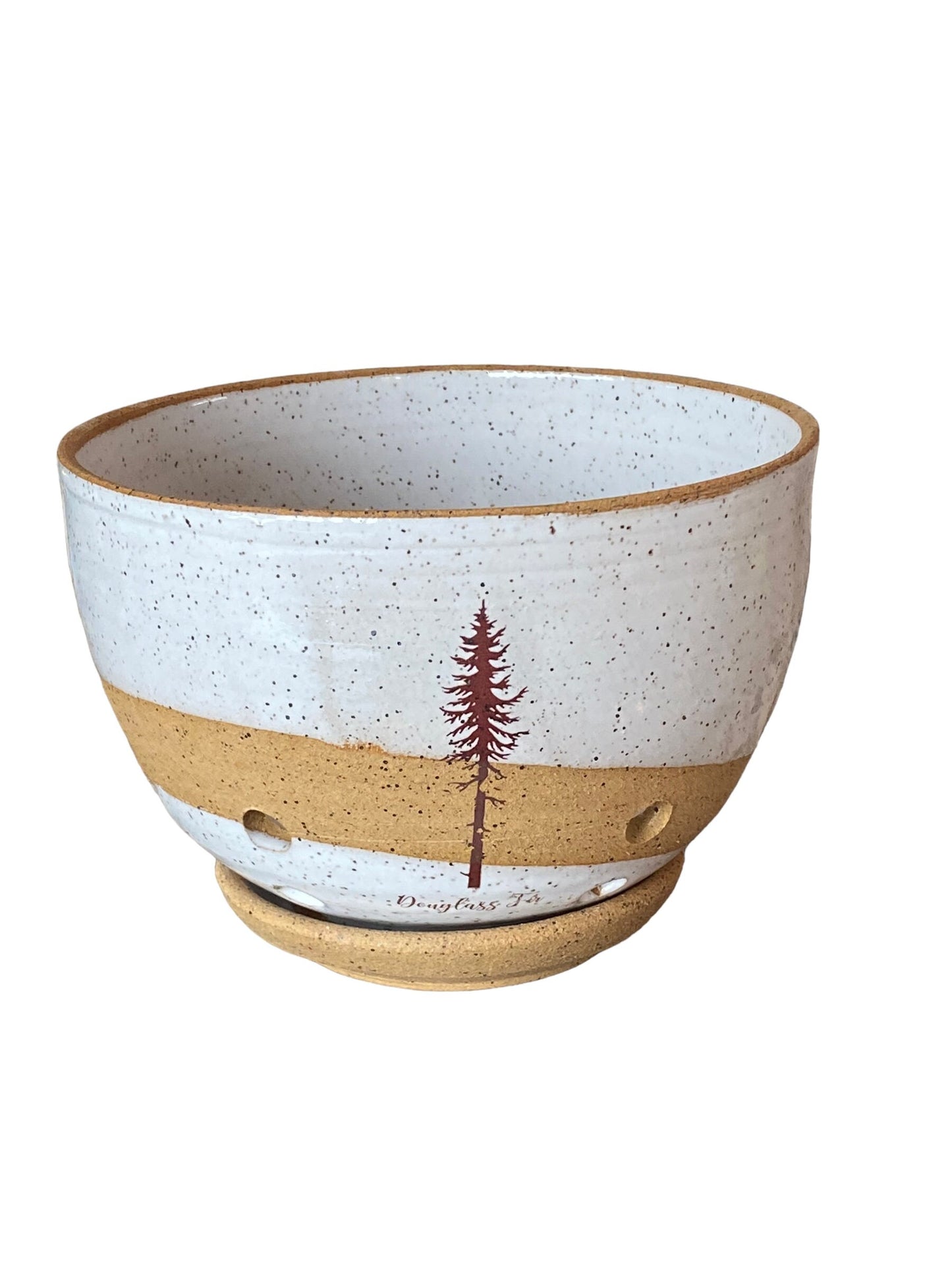 Artisan-Crafted Speckled White 4-Cup Capacity Berry Bowl - Douglass Fir Tree Art Adorns this Stylish and Functional Kitchen Essential