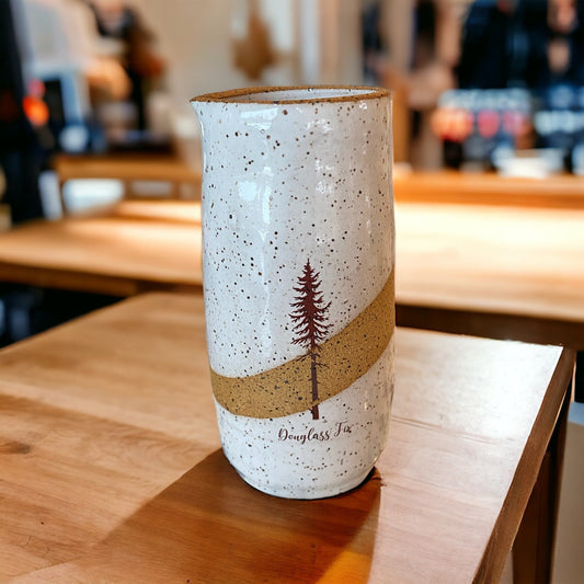 Handmade 6-Ounce Speckled Stoneware Creamer - Glazed in Bright White with Douglass Fir Tree Art - Art Your Coffee or Tea Ritual