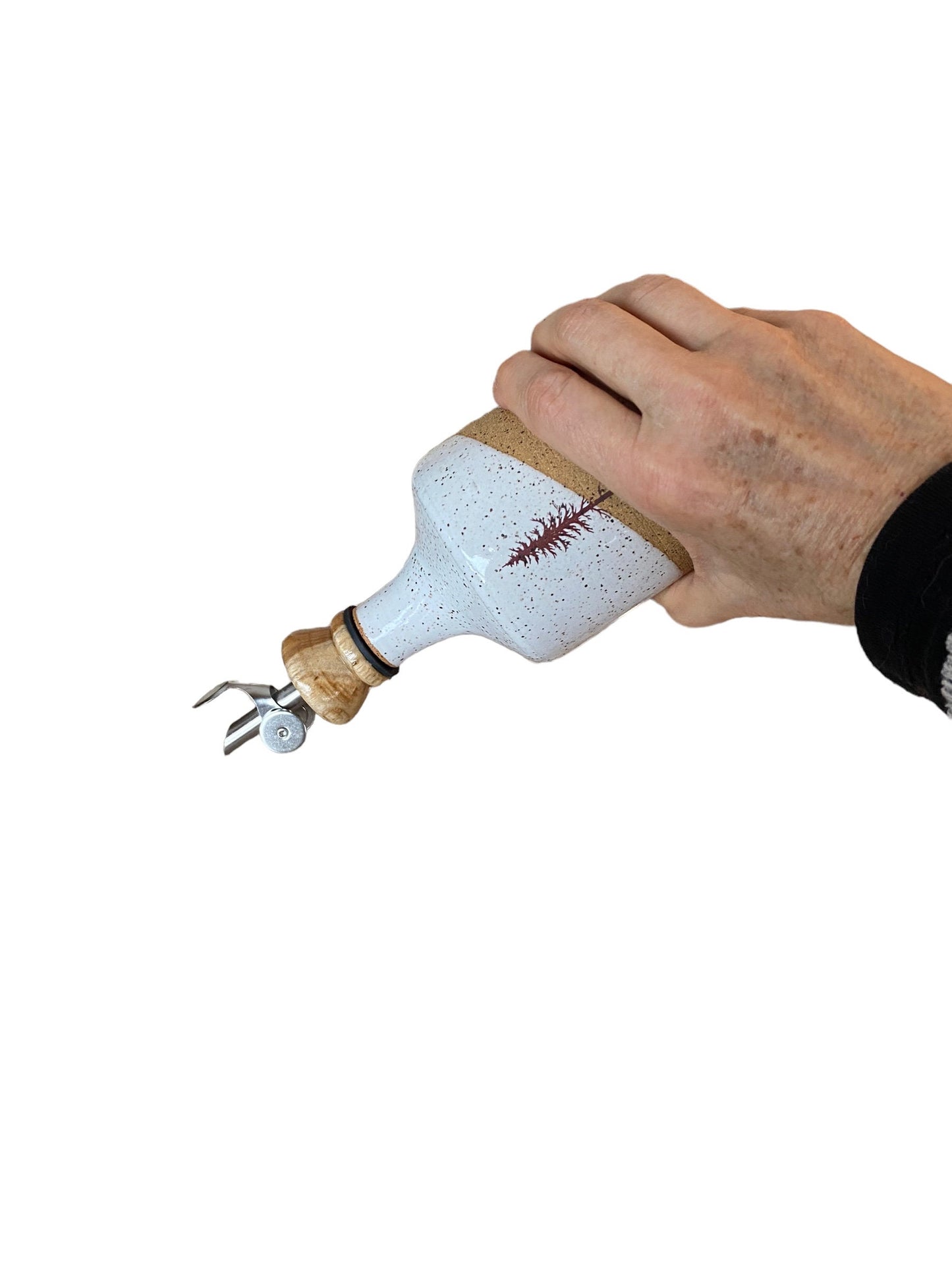 Speckled White Oil Bottle: Douglass Fir Tree Art, Wooden Spout