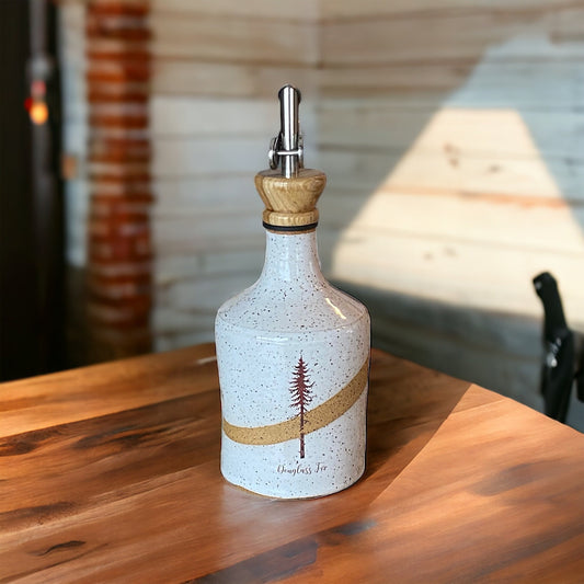 Speckled White Oil Bottle: Douglass Fir Tree Art, Wooden Spout