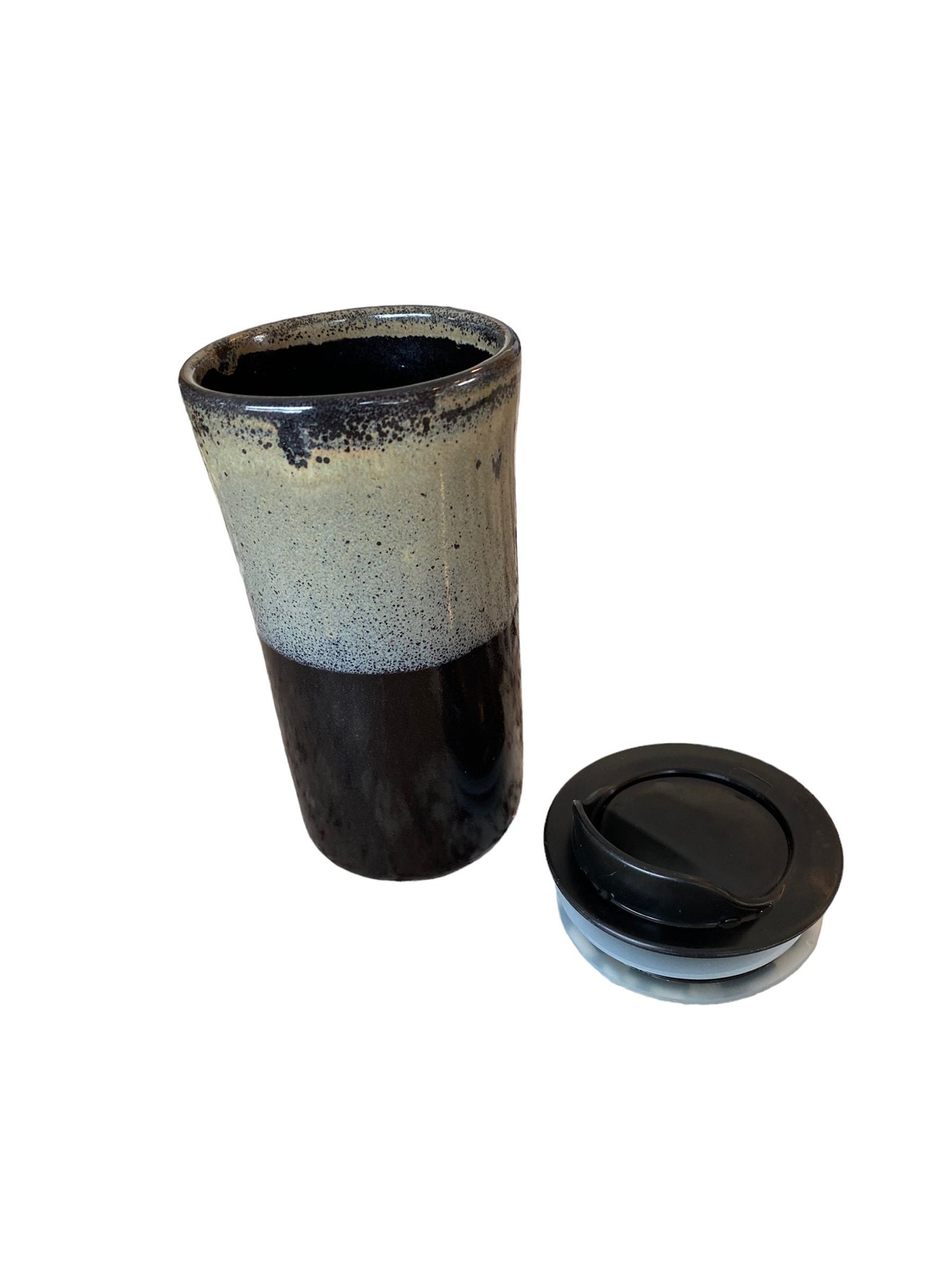 Handmade 16-Ounce Reactive Gray and Black Glaze Travel Mug - Stylish Pottery with Sleeve for Your On-the-Go Coffee Delight