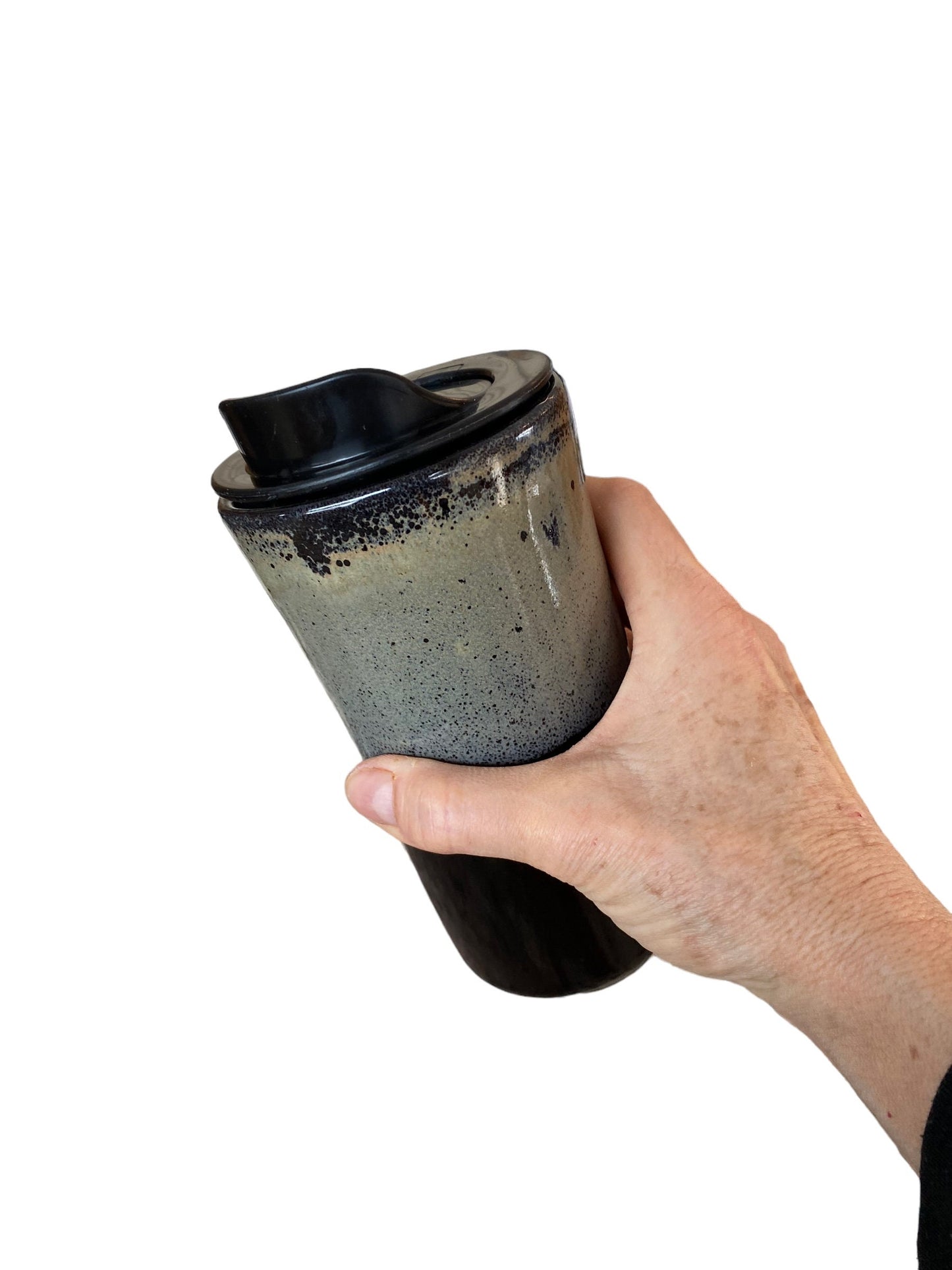 Handmade 16-Ounce Reactive Gray and Black Glaze Travel Mug - Stylish Pottery with Sleeve for Your On-the-Go Coffee Delight