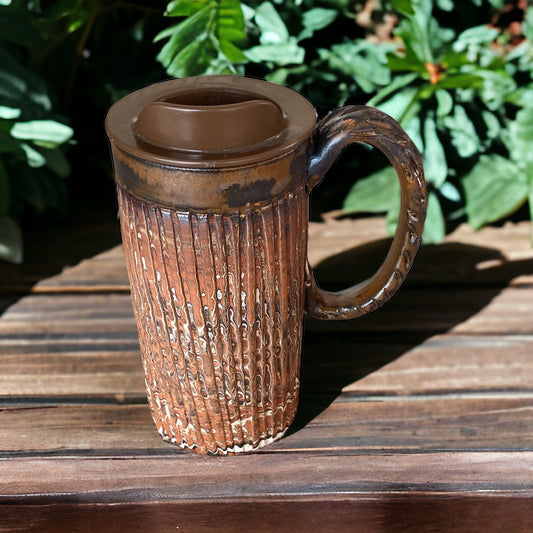 Cinnamon Glazed Heavily Fluted Agateware Handmade 16-Ounce Travel Mug - Stylish Pottery with Locking Lid for Your On-the-Go Sips