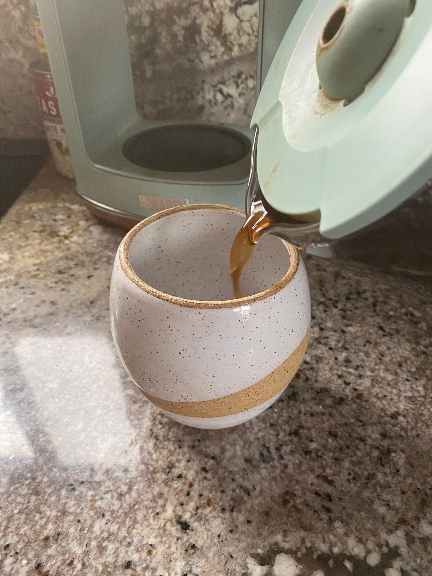 Chic White Speckled Handlesss 16-Ounce Stoneware Pottery Mug with Douglass FirTree Art - Unique and Stylish Handcrafted Drinkware