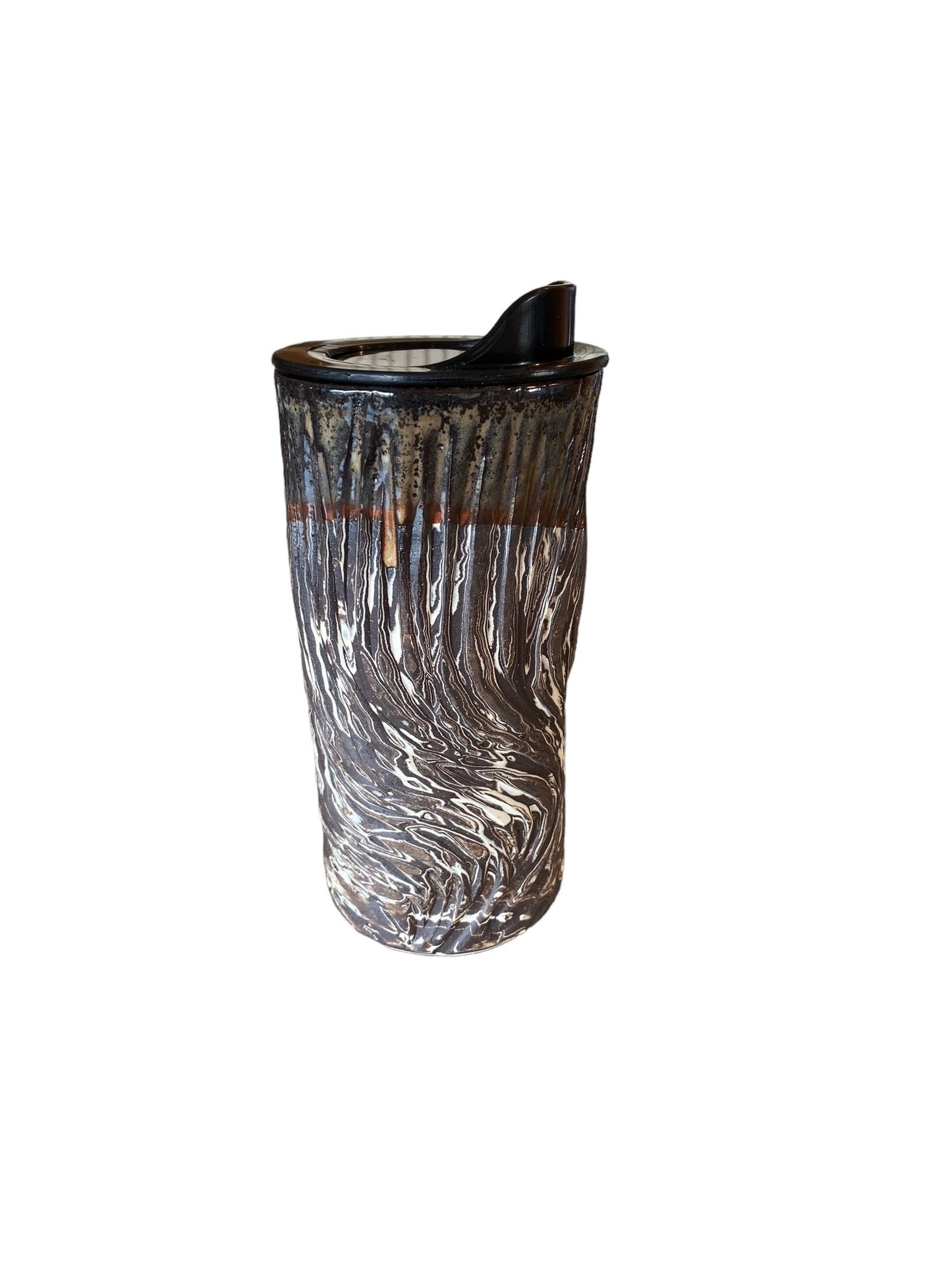 Handmade Agateware Travel Mug: Carved Pottery Coffee Cup