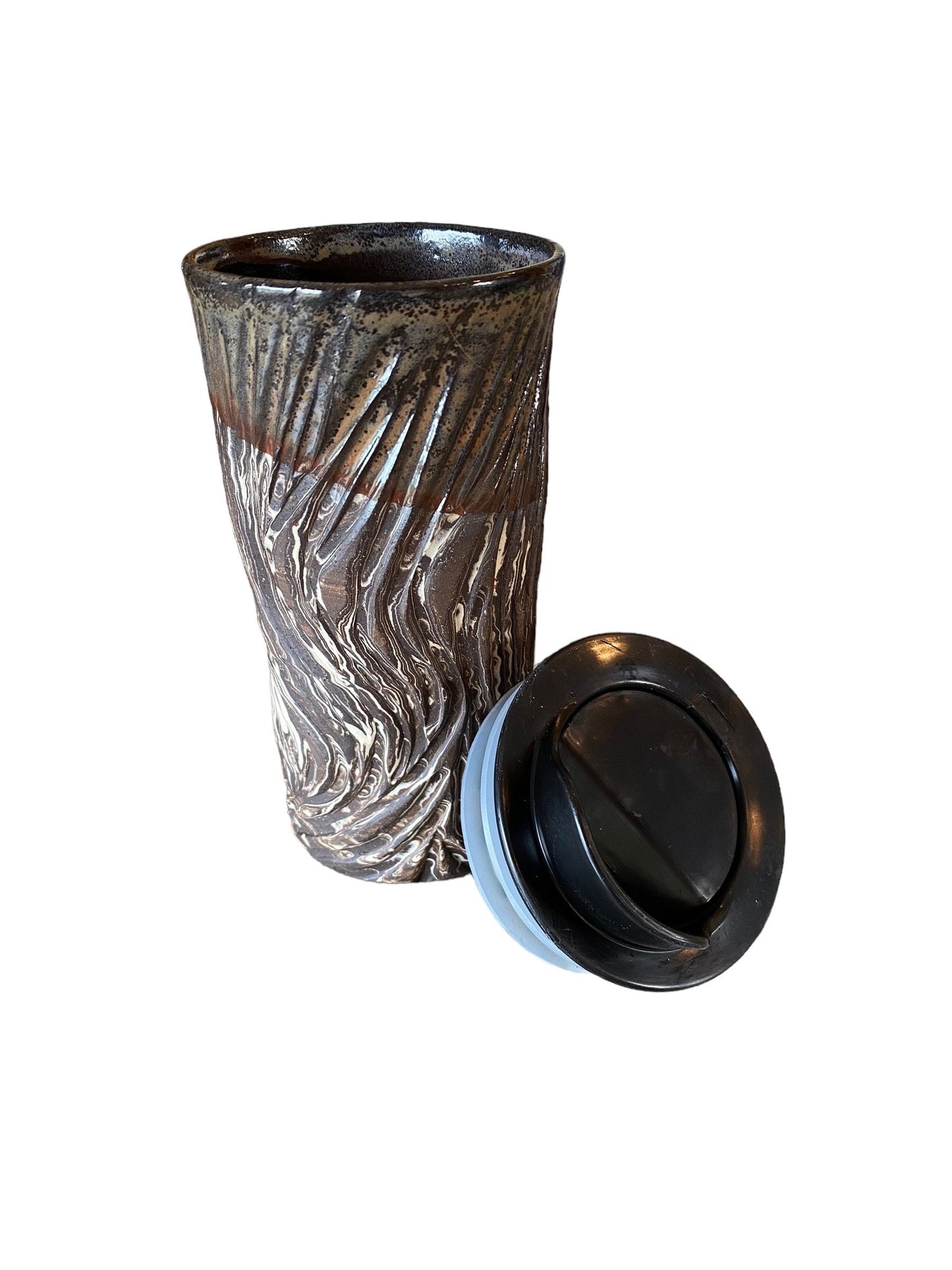 Handmade Agateware Travel Mug: Carved Pottery Coffee Cup