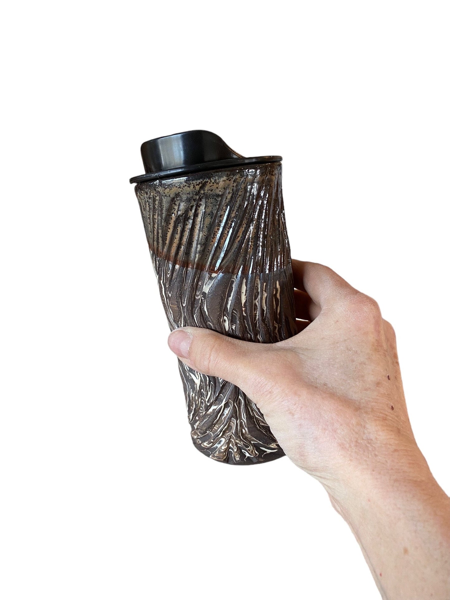 Handmade Agateware Travel Mug: Carved Pottery Coffee Cup