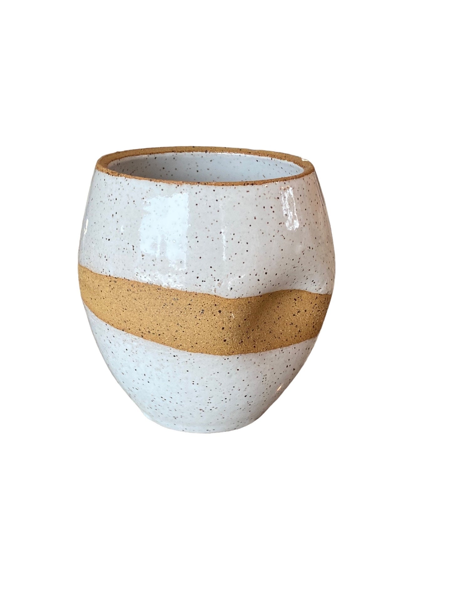 Chic White Speckled Handlesss 16-Ounce Stoneware Pottery Mug with Douglass FirTree Art - Unique and Stylish Handcrafted Drinkware