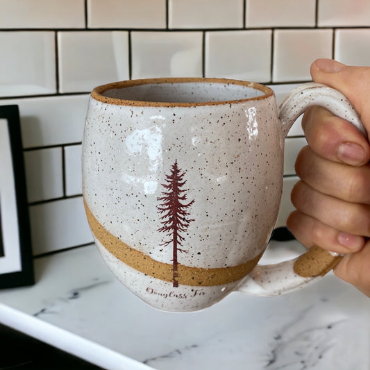 Handmade 16-Ounce Speckled Stoneware Mug, Glazed in Bright White with Douglass Fir Tree Art - Unique and Elegant Pottery Creation